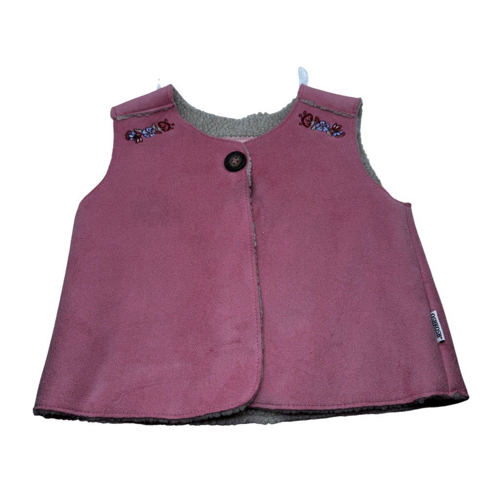 OshKosh Baby Girls Pink Faux Suede Sherpa Lined Floral Embroidered Vest 24M